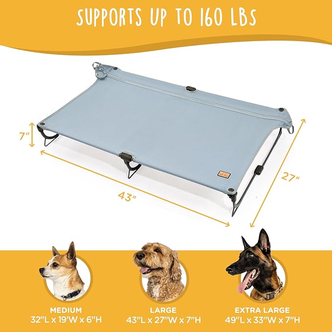 Daisy Cot, Large Foldable Elevated Dog Bed, Portable Raised Outdoor Folding Dog Cot, Cooling, Chew Proof, Waterproof, Heavy Duty Up to 160 lbs for Camping/Home, Grey, 43"x 27"x7"