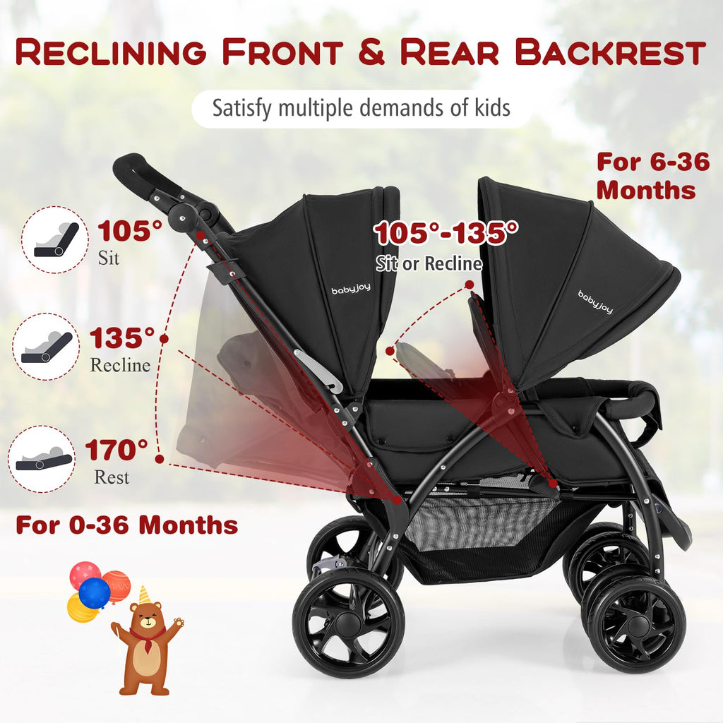 HONEY JOY Double Stroller, Foldable Lightweight Infant Twin with Tandem Seating, 5-Point Harness, Recline Seat, Storage Basket, Compact Baby Double Stroller Newborn and Toddler (Black)