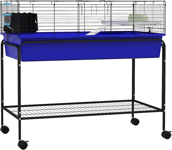 PawHut Two-Story Small Animal Cage Removable from Stand, Guinea Pig Cage with Shelf & Wheels, Pet Habitat for Hedgehog, Chinchilla, Ferret, 39" x 20.5" x 36.5", Blue