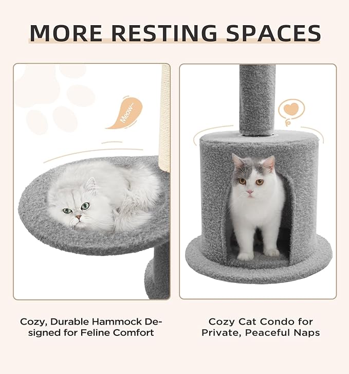 Made4Pets Floor to Ceiling Cat Tree 93-106'',Tall Cat Tower 5 Tiers,Adjustable Height, Stable Cat Tree Tower with Scratching Posts, Fluffy Condo, Hammock and Ball Toy for Indoor Cats/Kitten, Gray