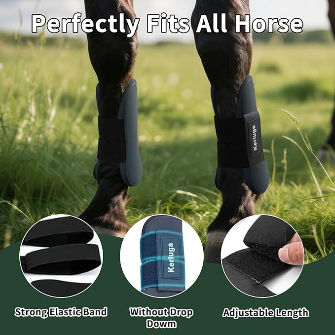Horse Boots Set of 4 Open Front & Fetlock Tendon Boot for Horses Professional Sport Protection Impact-Absorbing Equine Leg Support Wraps for Jumping, Riding, Training (Black, Full)