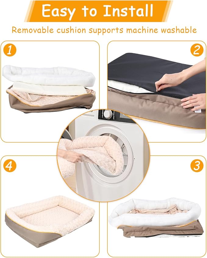Washable Orthopedic Dog Bed for Medium Dogs, Waterproof Dog Bed with Bolster, Big Couch Sofa with Removable Cover & Non-Slip Bottom