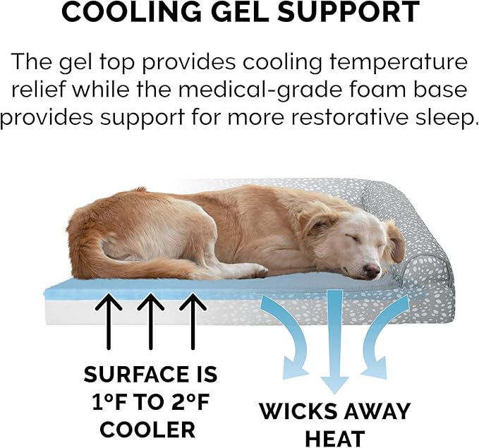 FurHaven Supportive Cooling Memory Foam L Chaise Dog Bed with Washable & Removable Cover - Plush & Almond Print - Gray Almonds, Dogs Up to 35 lbs - Medium