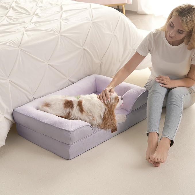 EHEYCIGA Orthopedic Dog Beds for Large Dogs, Waterproof Memory Foam Large Pet Bed with Sides, Non-Slip Bottom and Egg-Crate Foam Dog Couch Bed with Washable Removable Cover, Lilac