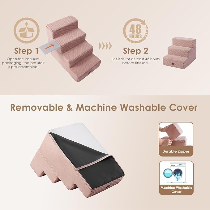 EHEYCIGA Dog Stairs for Small Dogs 13.5" H, 3-Step Dog Steps for Couch Sofa and Chair, Pet Steps for Medium Cats, Non-Slip Balanced Pet Ramp Indoor, Pink