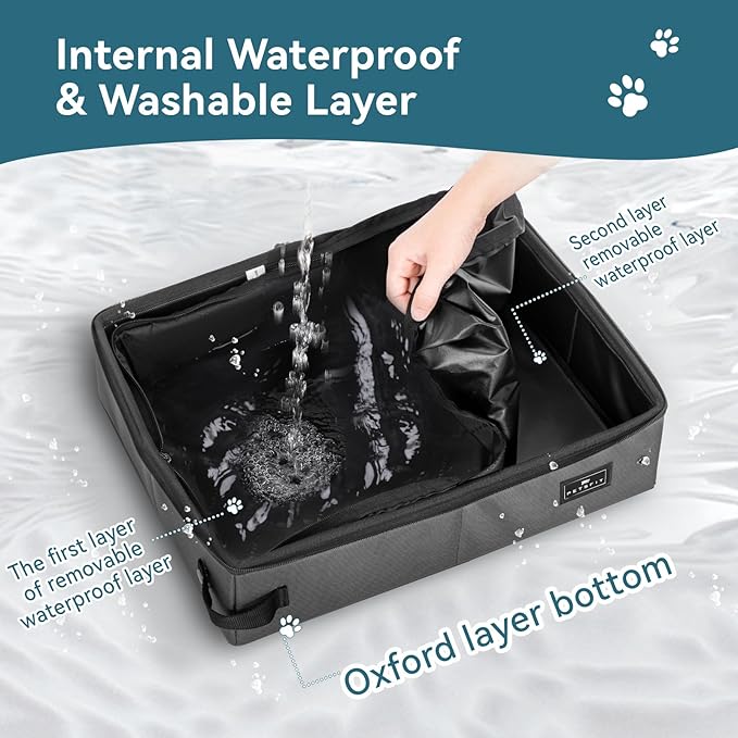 PETSFIT Portable Cat Litter Box - Removable 2-Layer Leak-Proof Lining, Scratch-Resistant Fabric with Sturdy Support Frame, Travel & Collapsible Cat Litter Box Grey