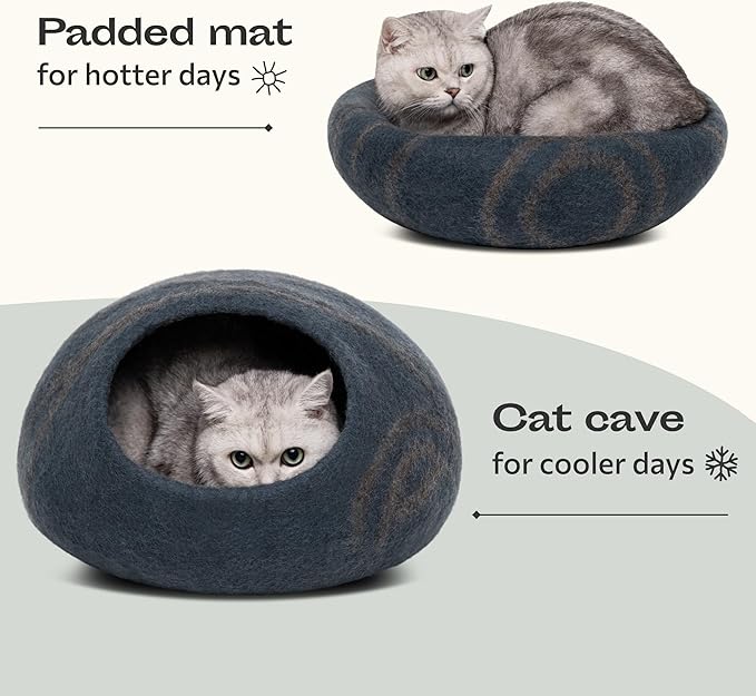 MEOWFIA Premium Felt Cat Bed Cave - Handmade 100% Merino Wool Bed for Cats and Kittens (Large, Slate Grey)