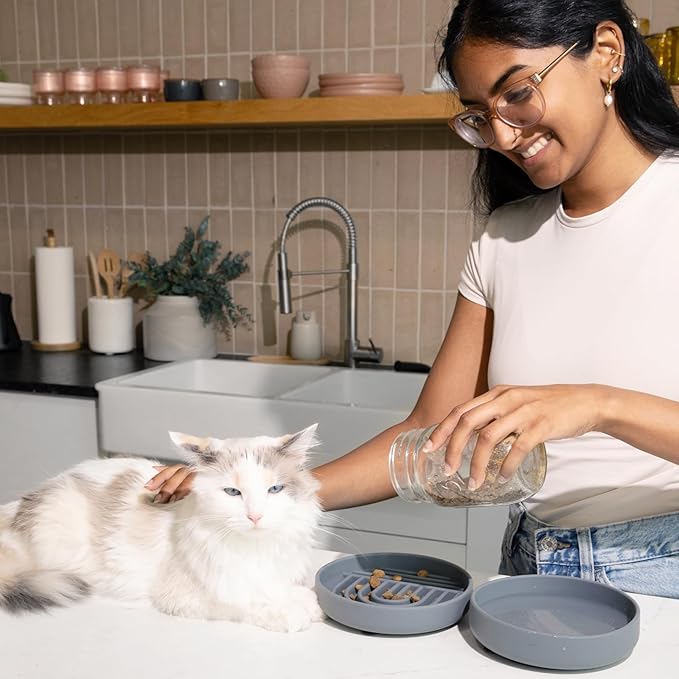 The Slowdown Bowl Silicone Slow Feeder for Cats & Kittens, Slow Eating Mealtime Solution with Modern Lick Mat Design, Reduces Gulping, Fits 1 Cup 6” Across x 1.25” Tall, Small-Tan
