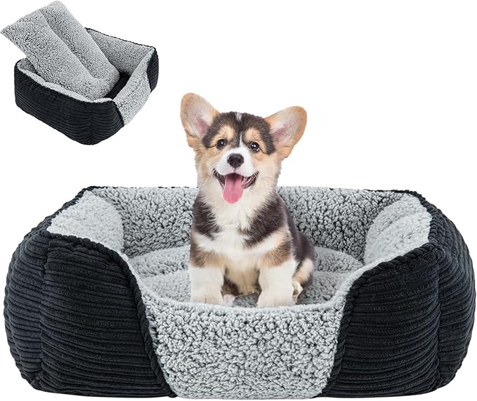 Miguel Washable Dog Bed for Small Dogs, Easy to Wash Cat Sofa Bed with High Sides, Rectangle Bolster Cat Bed Calming Cuddle Puppy Bed with Anti-Slip Bottom, Black 20 Inch