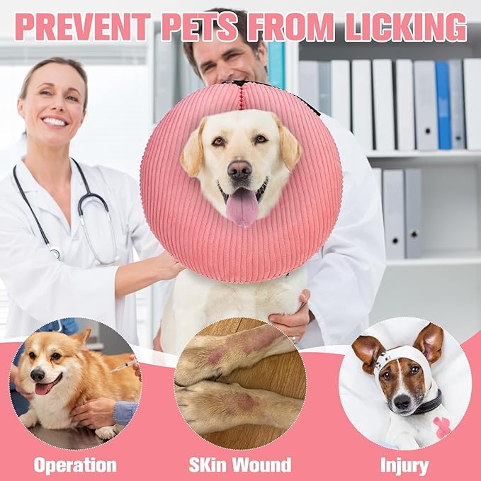 BINGPET Inflatable Dog Cone Collar Alternative After Surgery,Soft Recovery Cone for Dogs to Stop Licking,Protective Neck Donut E Collar Adjustable for Small Medium Large Dogs & Cats(Pink,M)