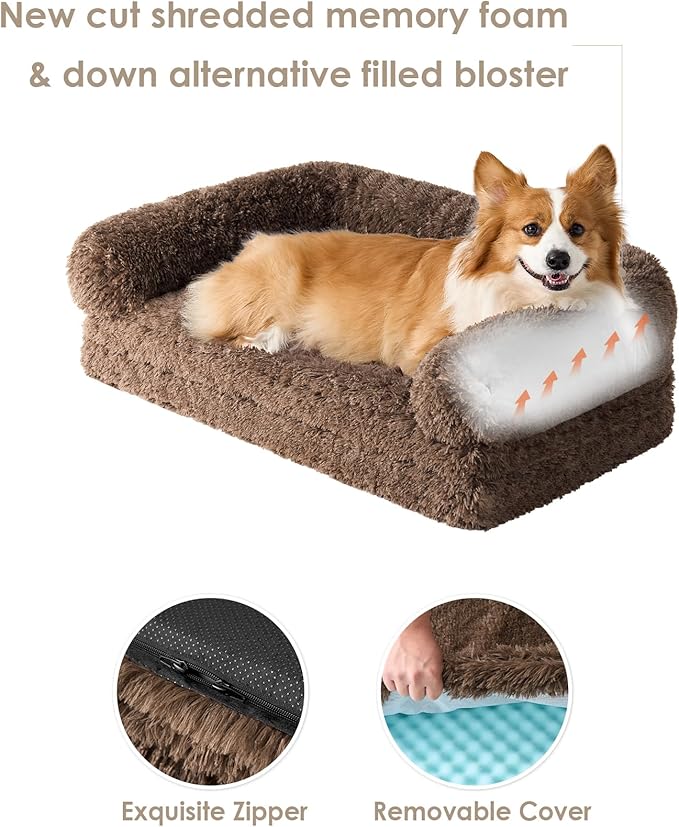 EHEYCIGA Foldable Dog Bed, Faux Fur Fluffy Dog Couch Bed, Orthopedic Calming Memory Foam Pet Bed for Small Dogs, Washable Soft Warm Pet Sofa Bed with Non-Slip Bottom, Brown, 40"x30"x6"
