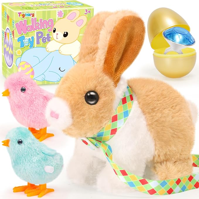 Tagitary Plush Easter Bunny Toys for Kids,Hopping Interactive Rabbit with Leash,Golden Egg,and Wind Up Toys,That Making Sounds,Wiggling Ears,Twitching Nose,Easter Basket Stuffers Gift for Toddlers