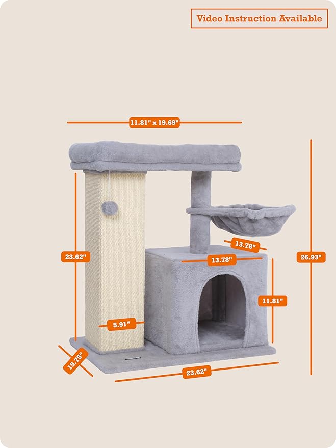 Ouritsu Cat Tree, 27 inch Cat Tower for Large Cat Indoor, Enlarged Condo, 1 Widened Padded Perch, Luxury Tall Scratching Post, Fluffy Basket, Light Gray, MF002GA
