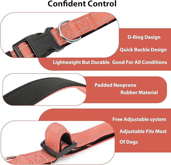 Reflective Dog Collar Padded with Soft Neoprene Breathable Quick Release Basic Dog Collars for Medium Large Dogs Coral