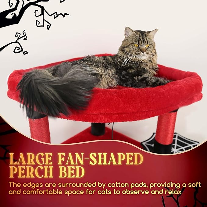 Globlazer Gothic Corner Cat Tree Tower with Scratching Post for Indoor Cats, 51inch Goth Cat Condo Tower with Large Hammock, Fan-Shaped Padded Perch, Spacious Cat Cave, Hanging Basket, C51, Red Black