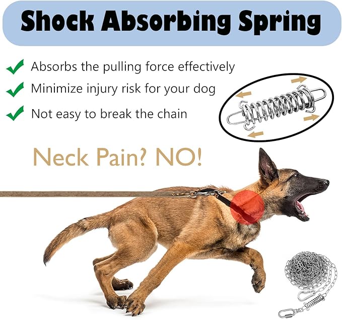25ft Heavy Duty Chew Proof Dog Tie Out Chain Leash with Shock Absorbing Spring&Lockable Hooks-Up to 200Lbs,Use for Yard,Garden,Camping or Travel