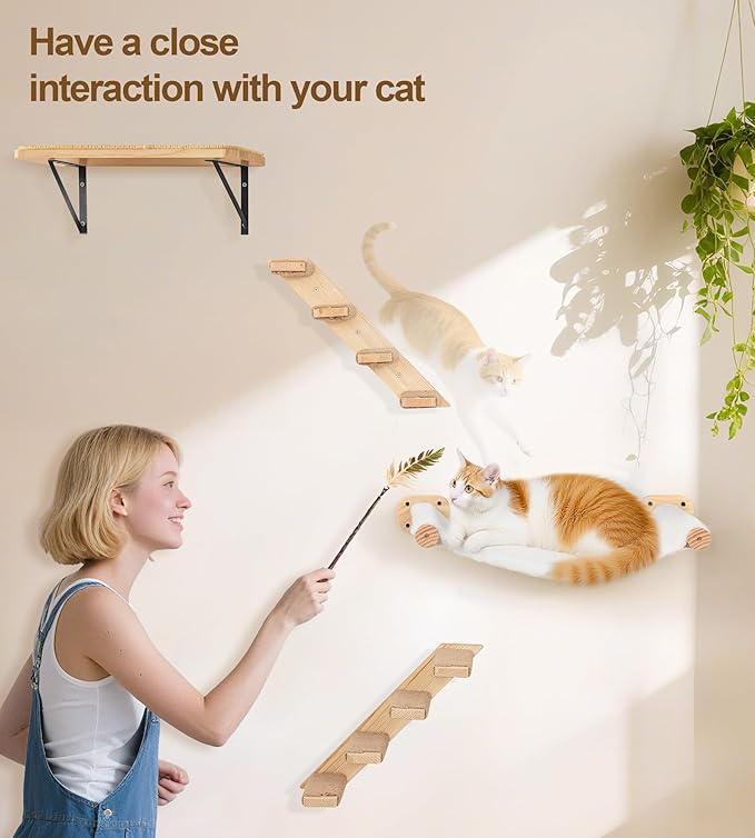 Cat Wall Shelves with 1 Floating Fabric Hammock, 2 Ladders with 4 Steps Each & 1 Flat Cat Shelf, Wall Mounted Bed Furniture & Climber, Indoor Playground