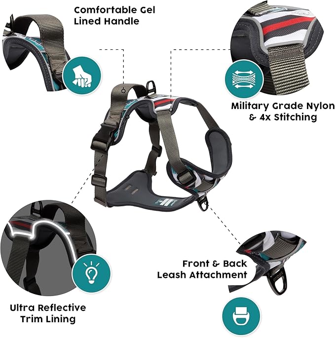Embark Adventure Dog Harness, Reflective Trim No Pull Dog Harness for Large Dogs - Military Grade Nylon, Front Clip with Gel Lined Handle.