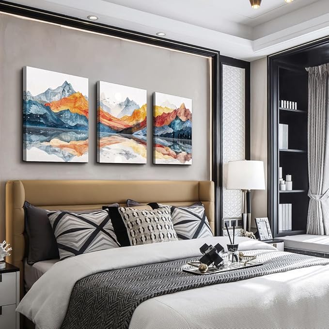 TTHYUEWS Abstract Art for Bedroom & Living Room - Modern Ink Mountain Landscapes - 3 Piece Ready To Hang Wall Decor