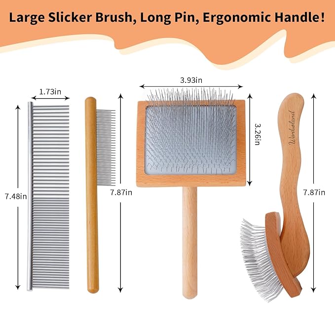 Ergonomic Slicker Brush for Long-Haired Dogs - Wooden Handle, Long Pins for Grooming Goldendoodles