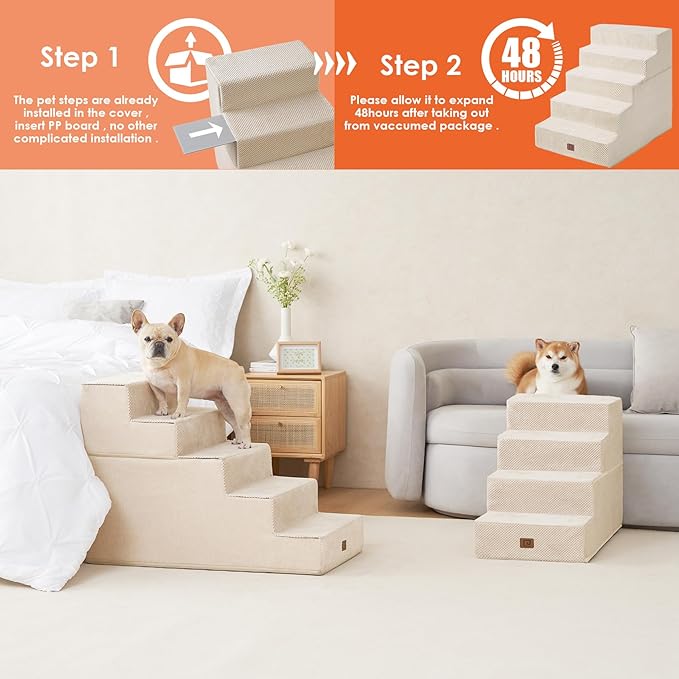 EHEYCIGA Dog Stairs for High Bed 25" H, 5-Step Extra Wide Dog Steps for Bed, Pet Steps for Small Dogs and Cats, Non-Slip Balanced Pet Ramp Indoor, Beige