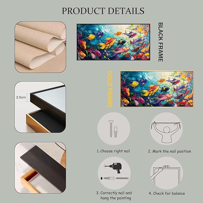 School of Fish Printed Canvas Wall Art – Framed Abstract Ocean Print – Vibrant Fish Wall Decor for Living Room, Bedroom, Office (Black Framed, 31"x15"|80x40cm)