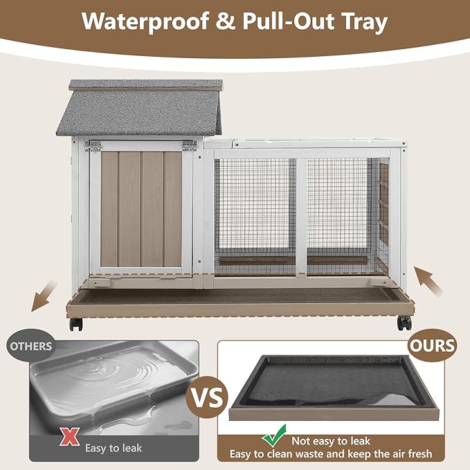 76''L Rabbit Hutch Outdoor Indoor with Wheels, Wooden 2 Story Bunny House Rabbit Cage with Run, Waterproof Roof, Pull Out Tray, Guinea Pig Cage Chicken Coop for Small to Medium Pets