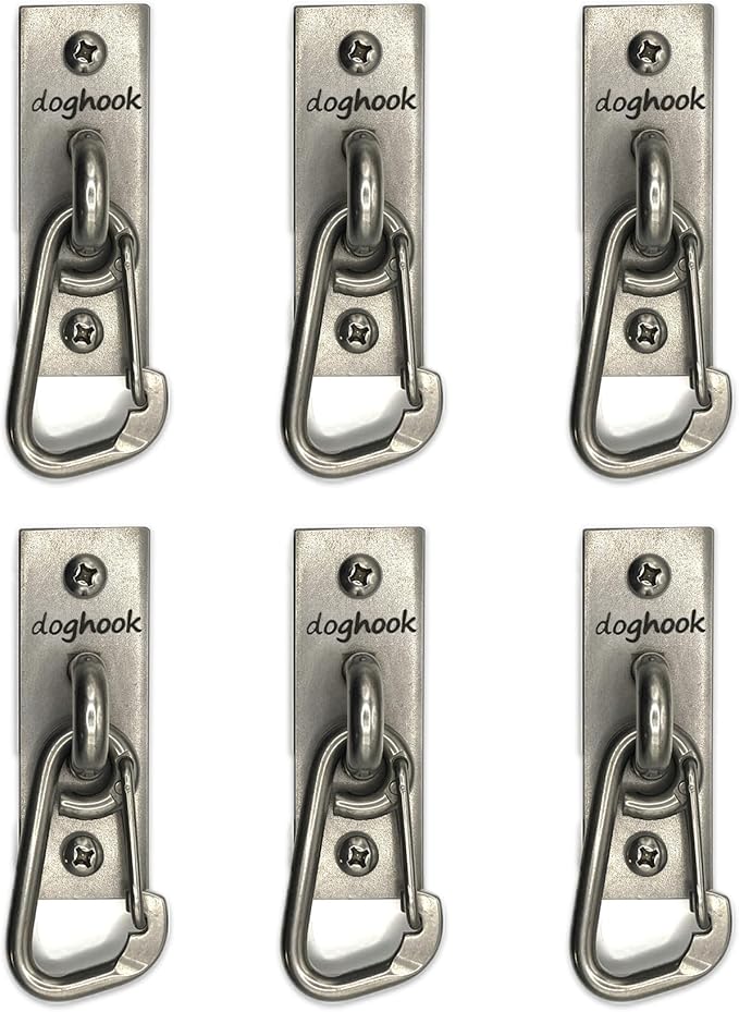 Canine Hitch- Secure Dog Leash Parking Wall Slim Hook with Clip 6 Pack - Tie Out Stainless Steel & ABS Mounting Plate for Strength - Practical Lead Management for Home & Business
