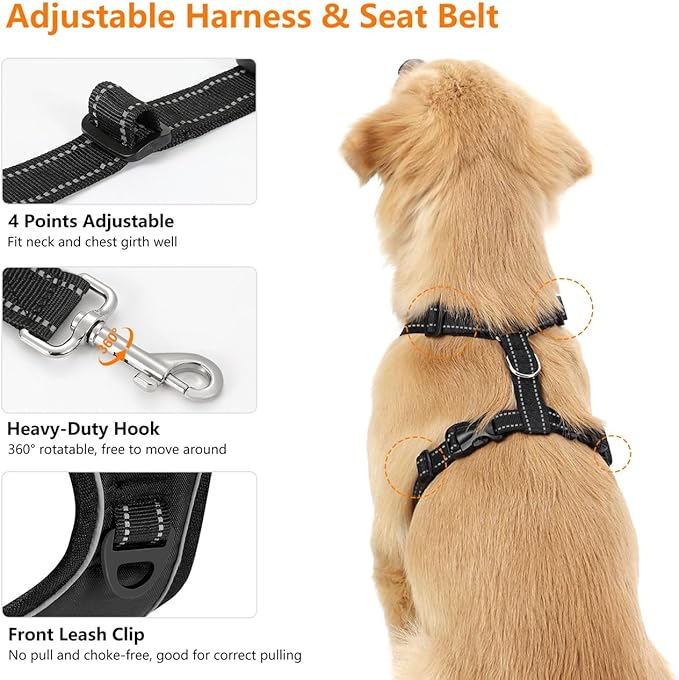 Dog Seat Belt Harness for Car, Dog Car Harness Adjustable Mesh Breathable & Dogs Seatbelt Safety Tether with Elastic Bungee for Small Medium Large Pets(Carbon Black, XL)