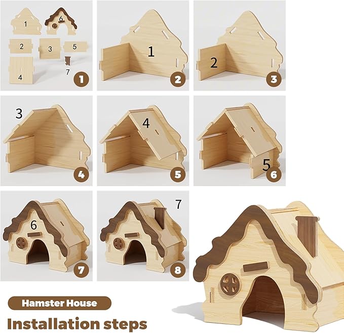 Wooden Hamster Platform and Dwarf Hamster House,Cute Syrian Hamster Tiny House Hideout,Large Balcony Lookout Holes,for Dwarf Gerbils and Mouse Mice Rat Other Small Animals(E)