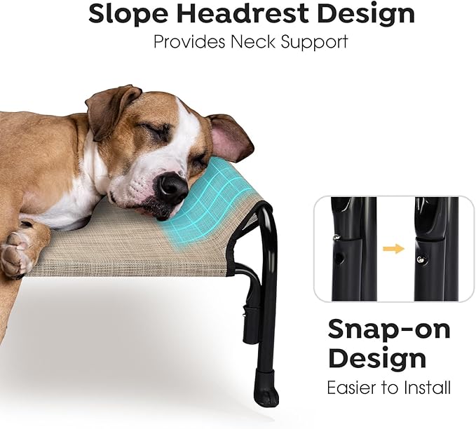 Veehoo Outdoor Elevated Dog Bed, Raised Dog Cot for Small Medium Dogs, Cooling Washable Waterproof Pet Hammock Beds with Slope Headrest, Breathable Mesh and Sturdy Frame, M, Beige Coffee, CWC2204