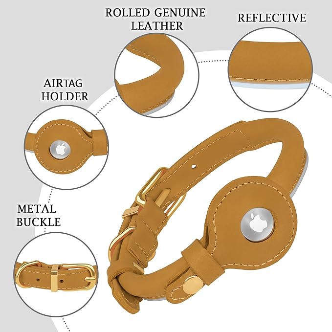 OOPSDOGGY Rolled Leather Dog Collar with Airtag Holder - Reflective Round Airtag Dog Collar - Soft Tracking Pet Collar for Small Dogs Puppy Cats Kitten (Camel, XXL, 20"-24")