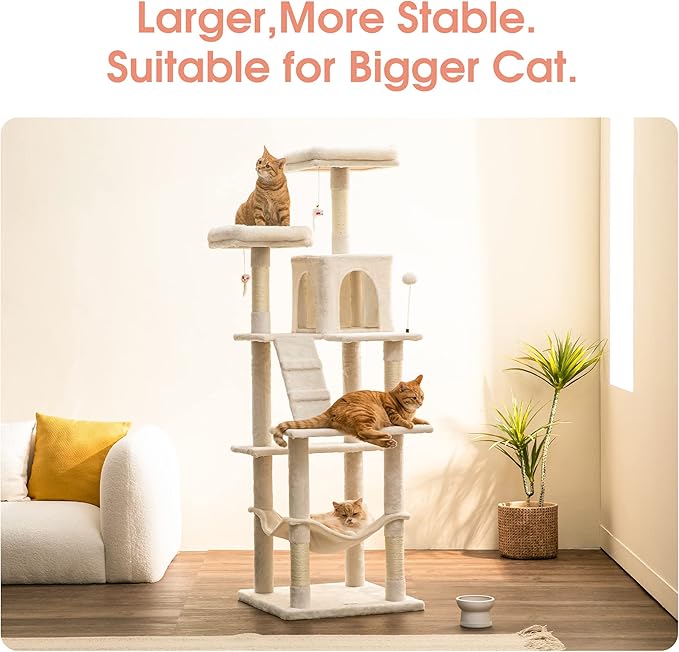 MWPO 70.1-Inch Large Cat Tree, Multi-Level Tall Cat Tower for Indoor Cats, Plush Cat Condo with Big Padded Perches, Sisal-Covered Scratching Posts, Hammock, Toys for Kittens & Cats - Beige