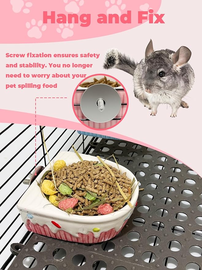 Chinchilla Food Bowl Ceramic Guinea Pig Cage Feeder Hanging Bunny Food Dish Small Animal Feeding Bowls for Syrian Hamster Ferret Gerbils (Pink)