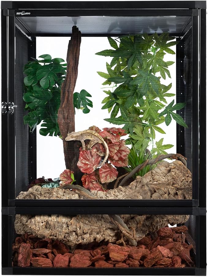 REPTI ZOO 18" x 18" x 24" Front Opening Chameleon Cage with 3-Sided Metal Mesh, 34 Gallon Screen Vertical Terrarium with Background Sticker, Tall Enclosure for Chameleon, Tree Frog, Arboreal Reptiles