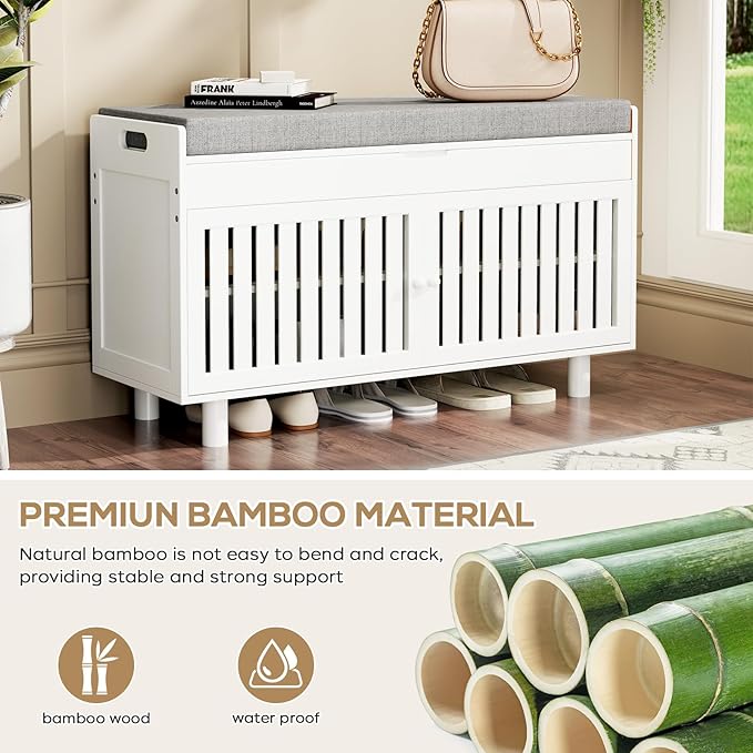 Storage Bench, Bamboo Shoe Bench with Padded Seat Cushion & 2 Doors, 2-Tier Entryway Bench with Lift Top Hidden Storage, 35.4" W x 12.6" D x 19.7" H, Shoe Rack Cabinet for Entryway, Living Room, White
