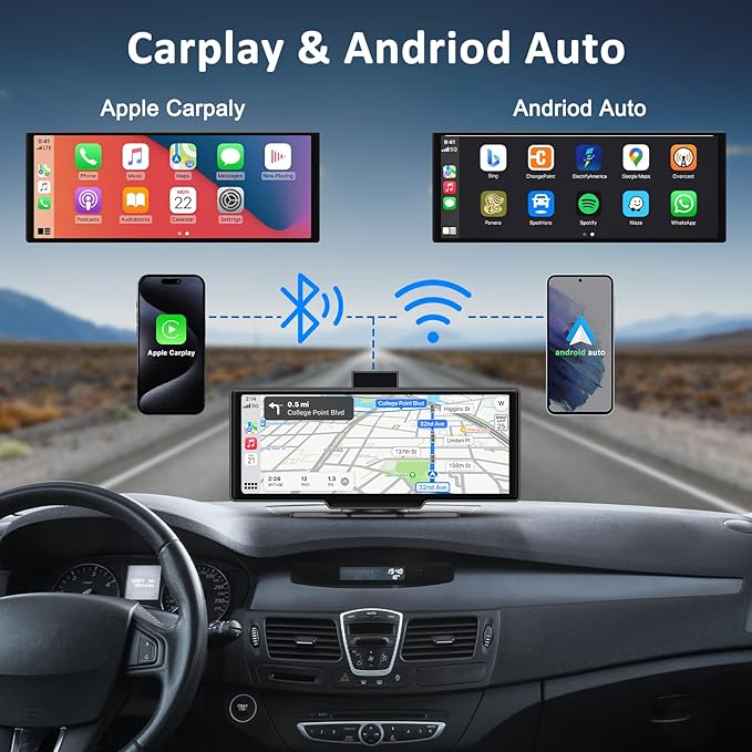 Apple carplay & Android Auto,Wireless Double din 10.26 inch Dash Cam with Front Camera and Backup Camera.GPS Navigation,Mirror Link/Voice Control/Bluetooth for Car RV Pickup Bus Trailer.etc