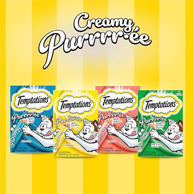Temptations Creamy Puree Mix-Ups Squeezable Lickable Wet Cat Treats, Seafood Medley Flavor, 0.42 oz. Tubes, 16 Count