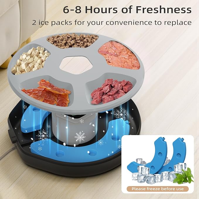 Automatic Pet Feeder for Wet & Dry Food, 5-Meal Timer Dispenser with 2 Ice Packs, Programmable Smart Feeder for Cats/Dogs – Keep Food Fresh Longer (Pet Feeder with 2 Ice Cube Tray)