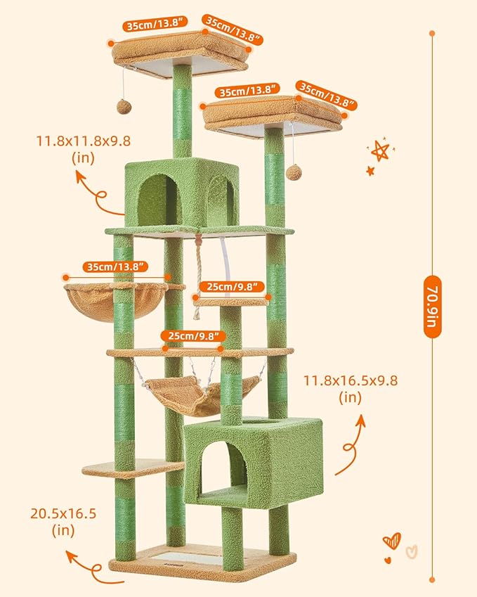 Taoqimiao Cat Tree, 71-Inch Cat Tree Cat Tower for Indoor Cats, Plush Multi-Level Cat Condo with 10 Scratching Posts, 2 Perches,Basket, 2 Caves,Hammock, 2 Pompoms,MS020T Cactus