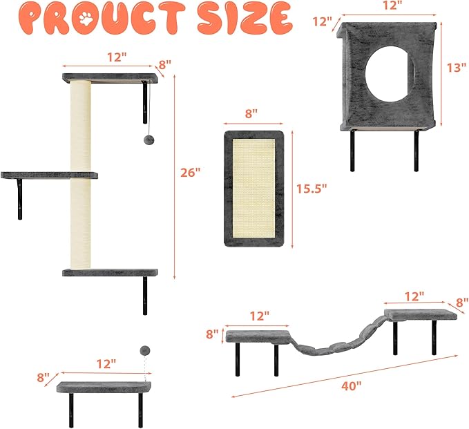 NUNU LAB Wall Mounted Cat Furniture, 5 Pcs Cat Wall Shelves with House, Bridge, Steps, Scratching Post, Shelves, Indoor Safe & Stable Furniture for Kittens Play, Gray