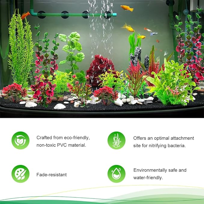 18-Piece Artificial Aquarium Plants Decorations – Large Set with Red & Green Foliage, Fish Tank Decor for Betta, Goldfish, Freshwater & Saltwater Tanks, Weighted Bases