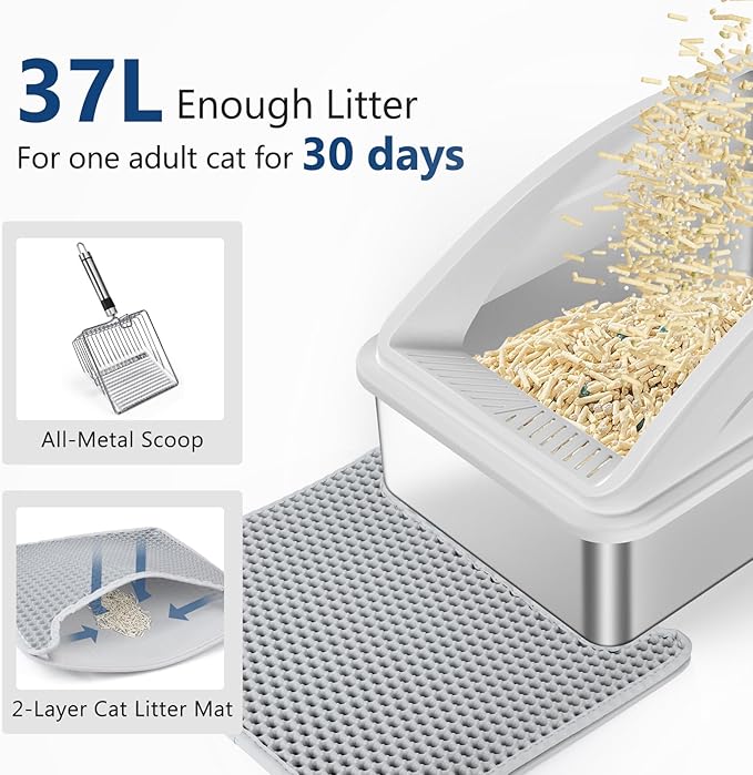 Stainless Steel Litter Box, Extra Large Litter Boxes for Big Cats, XL Metal Cat Litter Box with Lid, Anti-Urine Leakage, Non-Sticky, Include Cat Mat and Litter Scoop