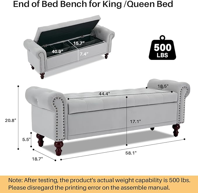 Storage Bench Upholstered Velvet End of Bedroom Bed Bench Ottoman with Tufted Cushioned Rolled Arm Large Storage Space for Reading Living Room Entryway, Light Grey