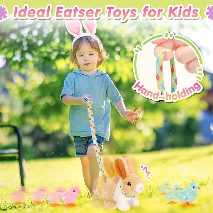 Tagitary Plush Easter Bunny Toys for Kids,Hopping Interactive Rabbit with Leash,Golden Egg,and Wind Up Toys,That Making Sounds,Wiggling Ears,Twitching Nose,Easter Basket Stuffers Gift for Toddlers