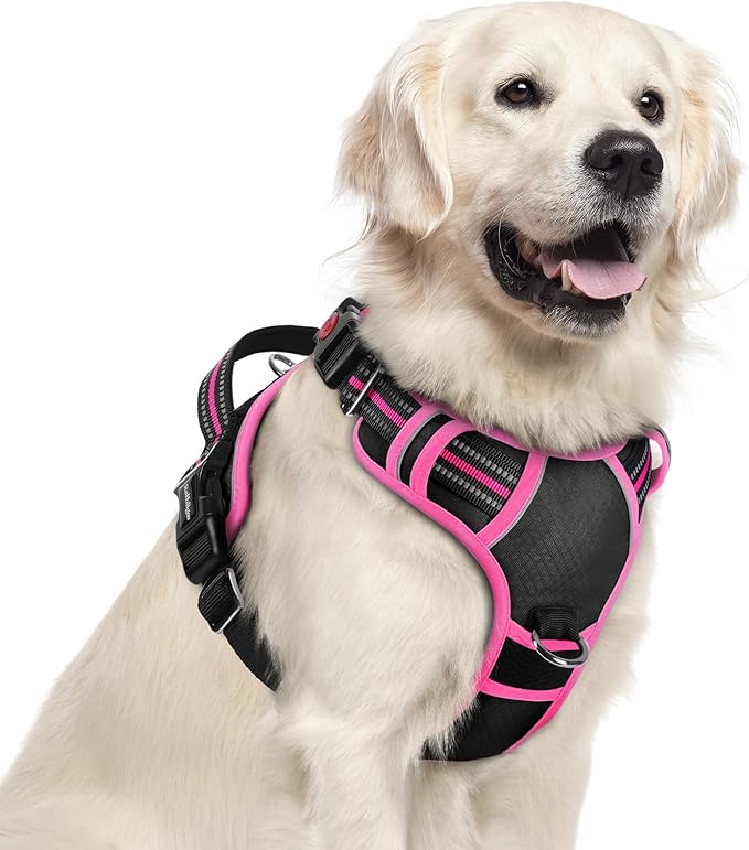 rabbitgoo Dog Harness for Large Dogs, No Pull Pet Vest with 3 Buckles, Adjustable Soft Padded Pet Harness with Easy Control Handle and Reflective Strips, Black & Rose Pink, XL