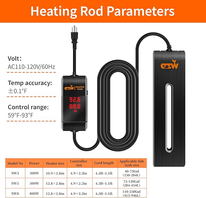 azw Aquarium Heater 300W/500W/800W, Fish Tank Heater with Digital LED Controller, Frequency Conversion Energy Saving, IPS Anti-Boiling Fish, Multiple Intelligent Protection for Freshwater/Saltwater
