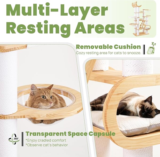 82.7'' Large Cat Tree, Modern Cat Tower with Scratching Post, Luxury Cat House, Wood Cat Tree for Indoor Cats Large Adult, Multi-Level Activity Center with Hammock, Clear Bowl, Semi-Closed Condo