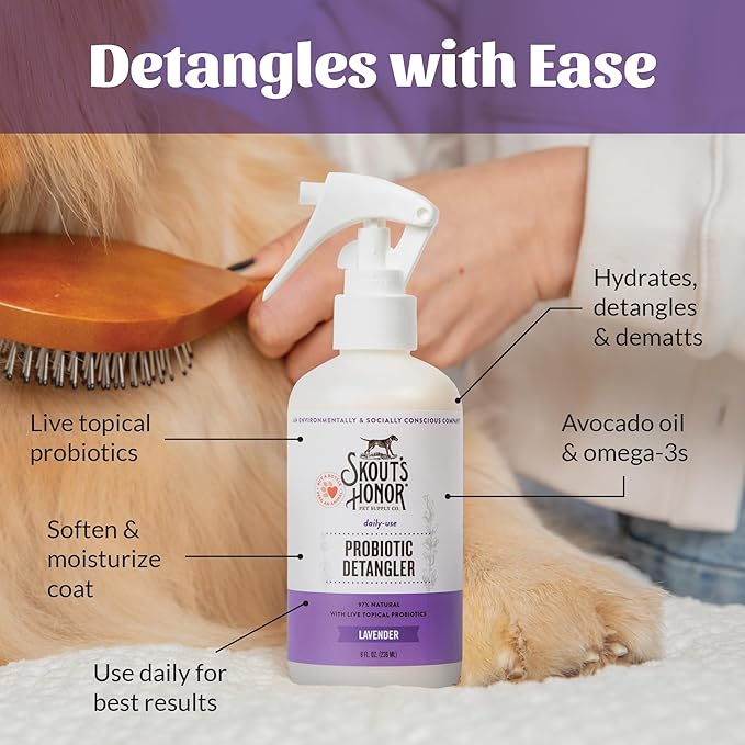 Skout's Honor Pet Detangler Spray - Hydrating & Conditioning with Avocado Oil & Probiotics, 97% Natural, Paraben & Sulfate-Free, softens for a More brushable Coat, Daily Use, 8oz, Lavender, 2-Pack