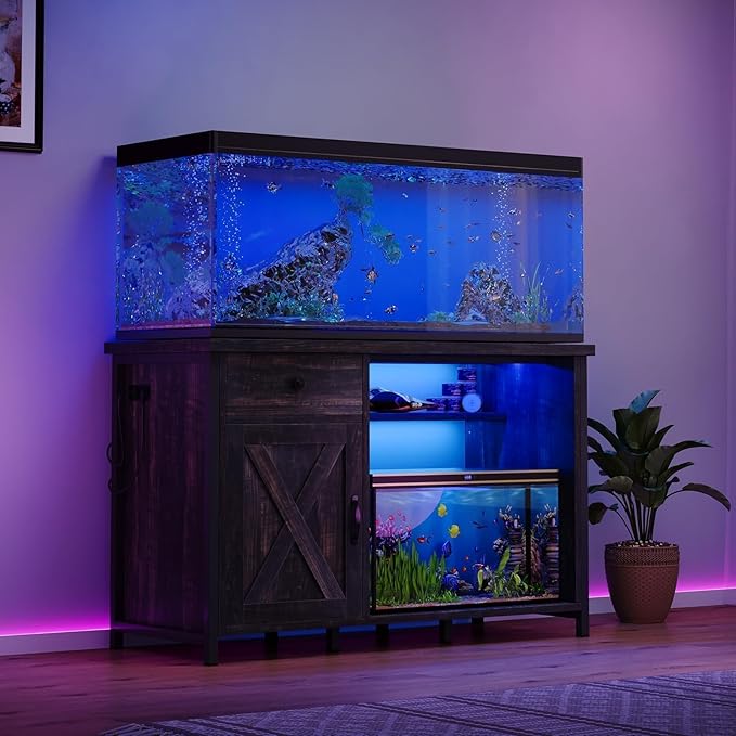 4ever2buy 55 Gallon Fish Tank Stand with LED Light & Power Outlets, 55-75 Gallon Aquarium Stand with Drawer & Barn Door, Cabinet for Fish Tank Accessories Storage for Reptile Tank, Turtle Tank, Oak